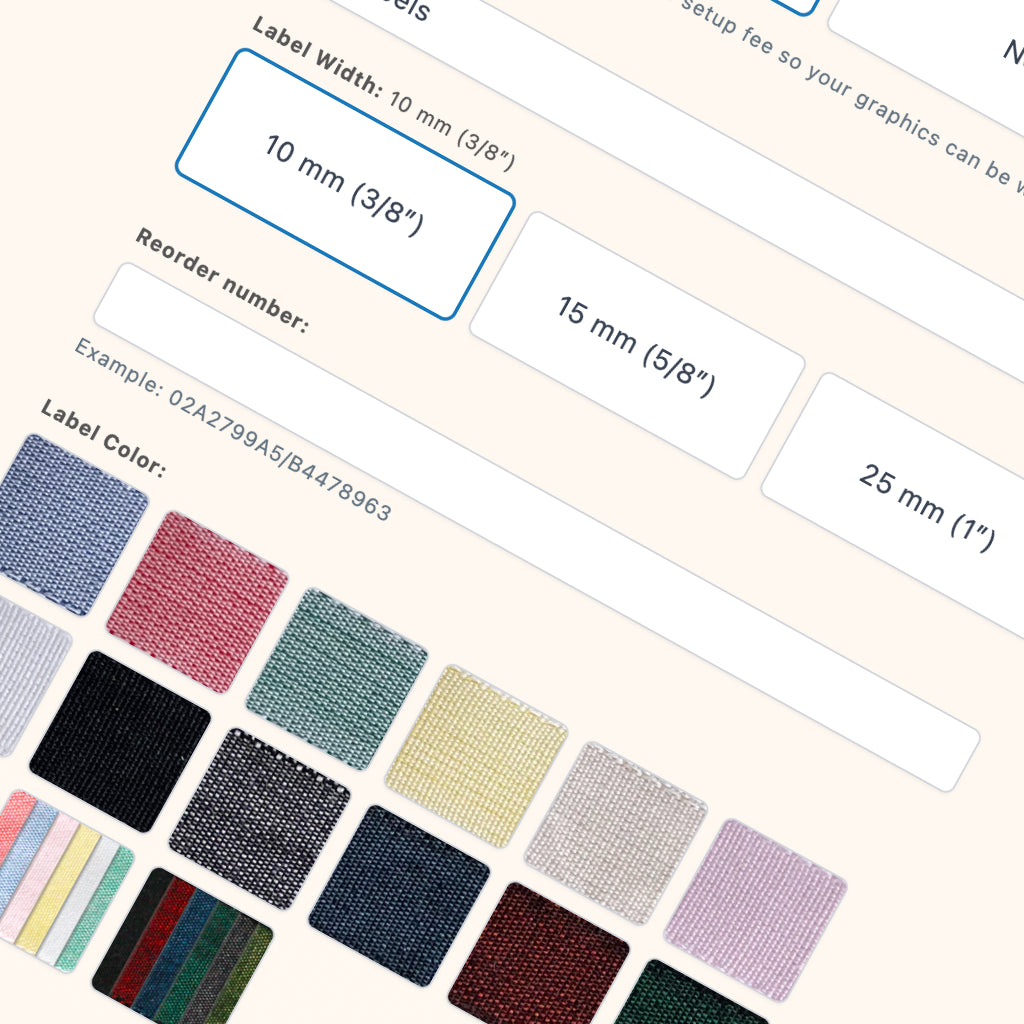 Online interface for ordering custom labels with options for label width and color selection.